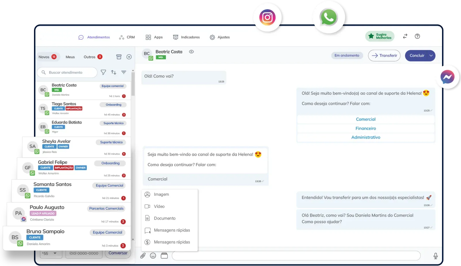 Painel do Bless Funnels no computador: caixa de entrada com conversas de WhatsApp organizadas em filas